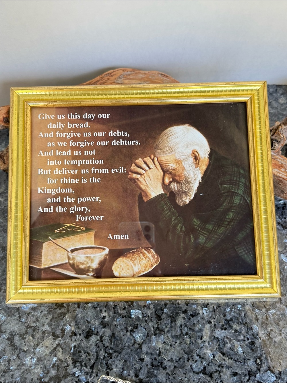 Vintage GRACE Man Prayer, Gold Picture Frame of Lord’s Prayer, Glass Front